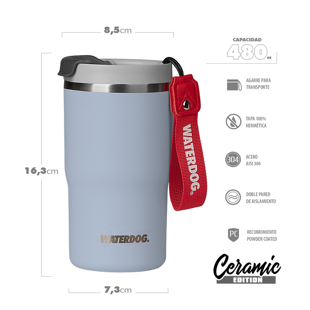 VASO DOBLE PARED CERAMICA 480 CC LAVANDA ACERO AISI 304 WATERDOG CLYDE