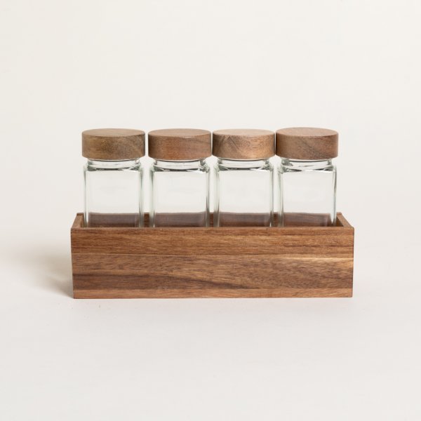 SET X 4 ESPECIEROS DE VIDRIO CON MADERA DE ACACIA