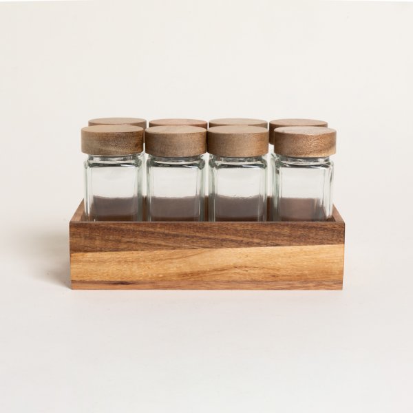 SET X 8 ESPECIEROS DE VIDRIO CON MADERA DE ACACIA