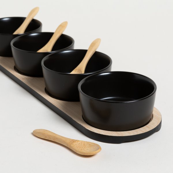 SET X 4 COPETINEROS DE PORCELANA BASE BAMBOO NEGRO 38X10 CM