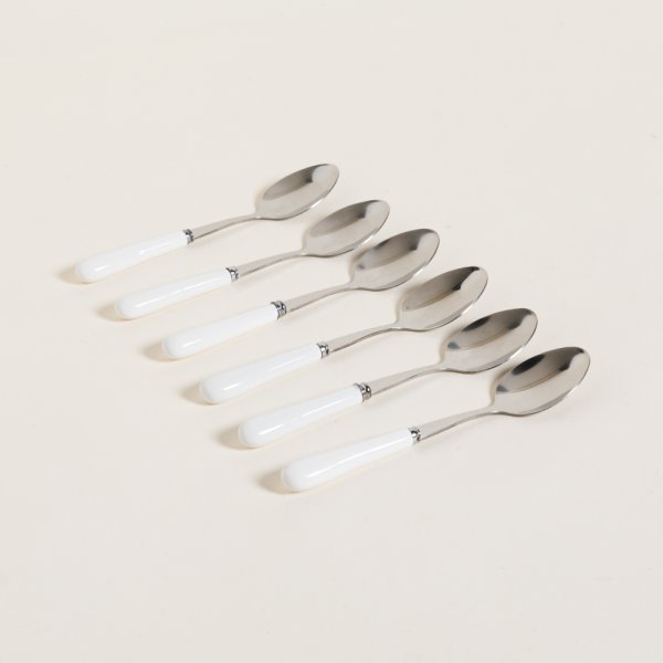 SET X 6 CUCHARAS DE ACERO CON MANGO DE CERAMICA BLANCO 14,5 CM