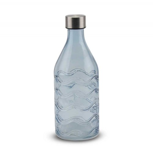 BOTELLA REDONDA CELESTE CON ONDAS CON TAPON DE ACERO 9,5X9,5X25,5CM 1000ML