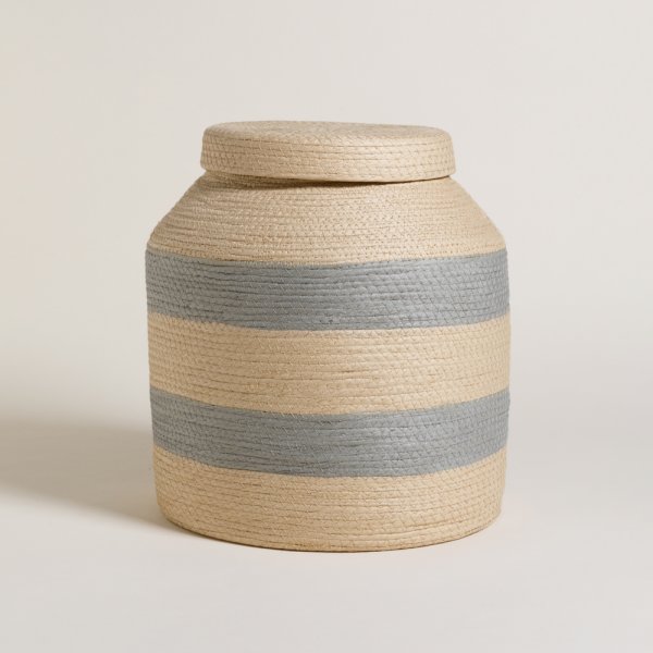 CANASTO CILINDRICO CON TAPA JIALING NATURAL Y GREY 40X35 CM