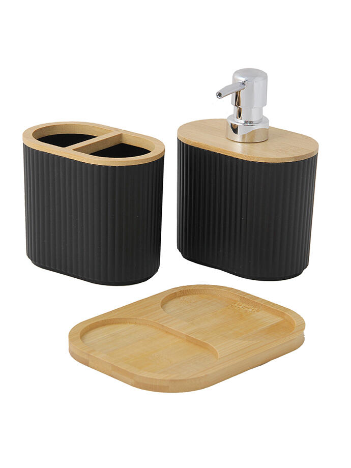 SET DISPENSER DE JABON (12x8x16 CM), PORTACEPILLO DE DIENTE (12x8x10 CM) y BASE BAMBOO (16,5x12,5 CM BA4063