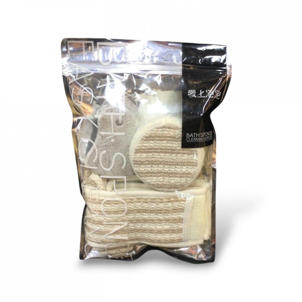 BOLSA CON ESPONJA PARA ESPALDA, ESPONJA EXFOLIANTE Y PIEDRA PARA PIES