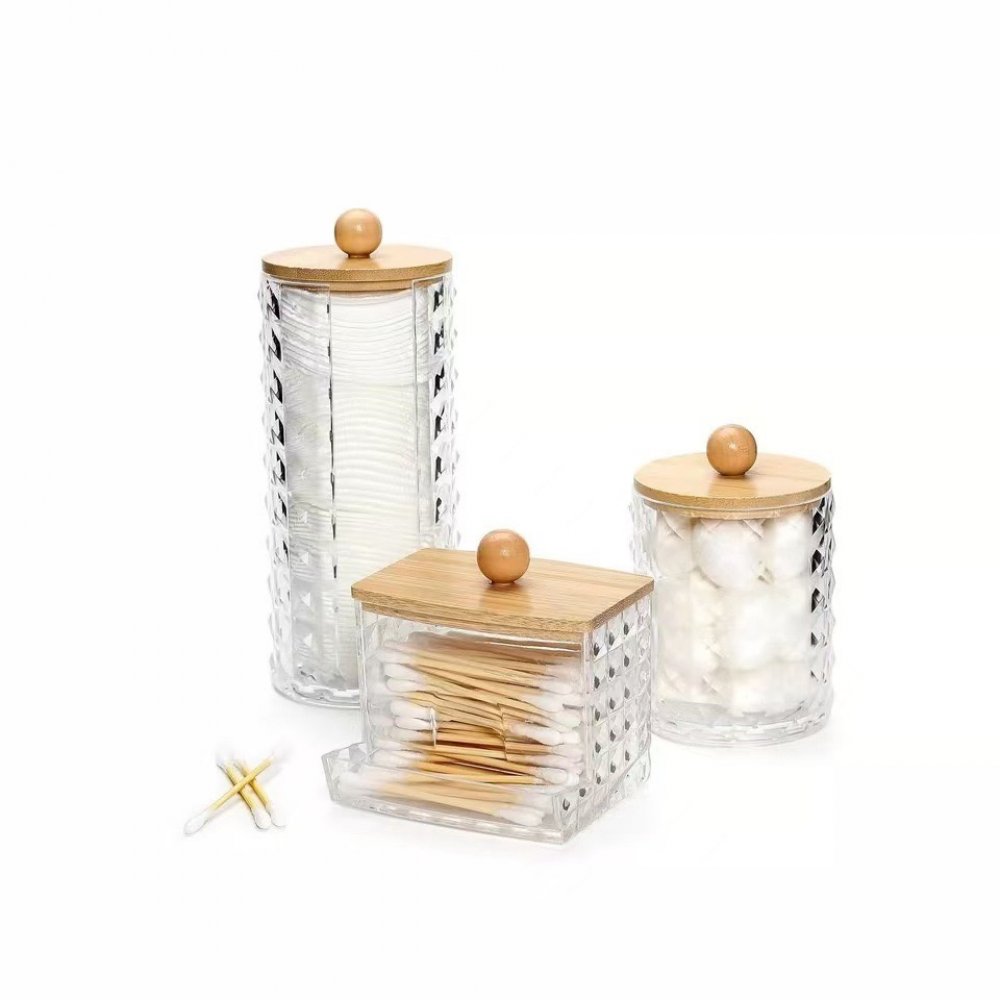 SET X3 PIEZAS (PORTA TOALLAS DESMAQUILLANTES GRANDE Y CHICO Y PORTA HISOPOS) CON CUADRADOS Y TAPA DE BAMBOO
