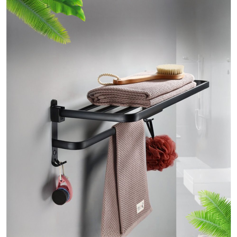Soporte Autoadhesivo Para Toallones Rebatible Con Estante De 4 Varillas Y 2 Perchas 57,5X21,5X15,5Cm Gris De Aluminio