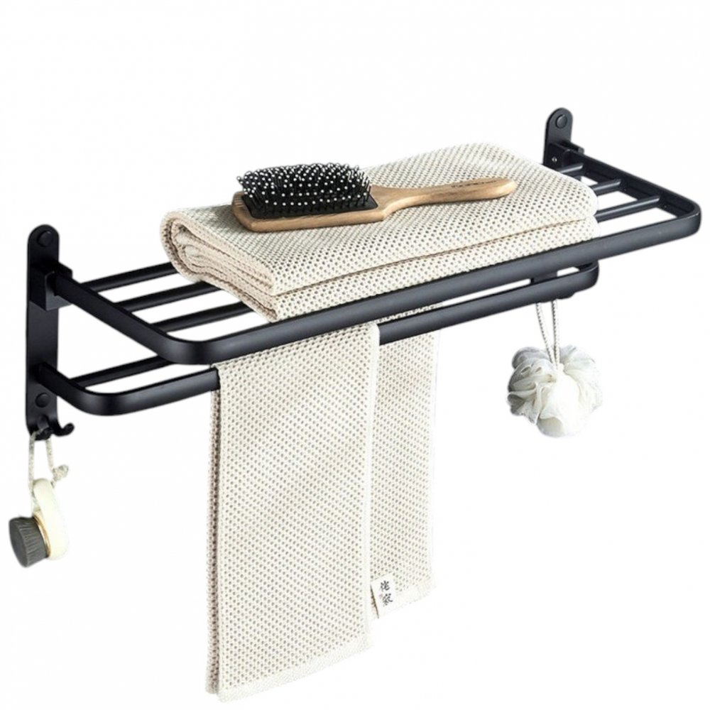 SOPORTE AUTOADHESIVO PARA TOALLONES REBATIBLE CON ESTANTE DE 4 VARILLAS Y 2 PERCHAS 57,5X21,5X15,5CM NEGRO DE ALUMINIO