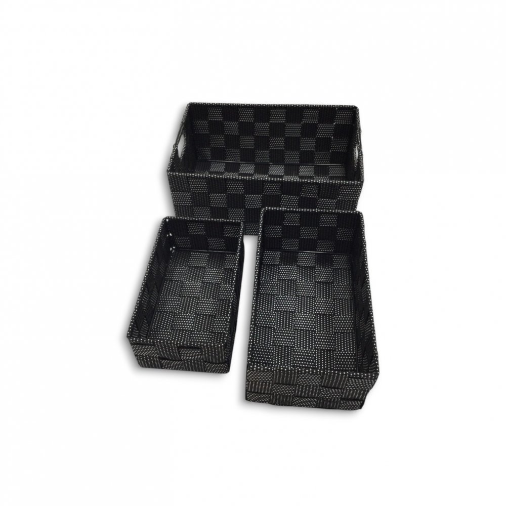 SET X3 CANASTOSRECTANGULARES NEGROS CON PUNTOS BLANCOS 26X17X11 / 23X13X9 / 19X11X7CM DE PLÁSTICO