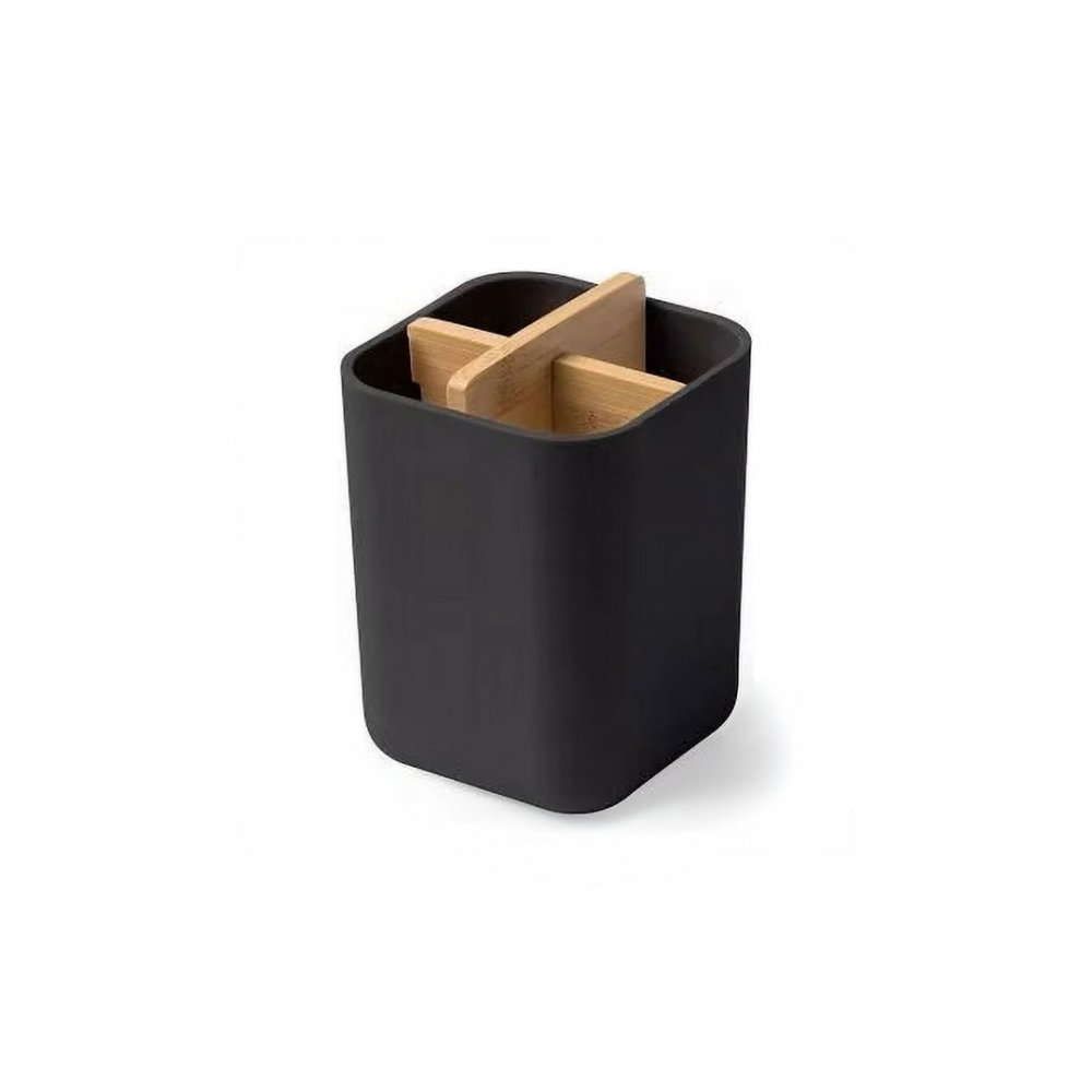 Organizador Rectangular Alto Negro Plástico Con 4 Divisiones De Bamboo 9X9X11Cm