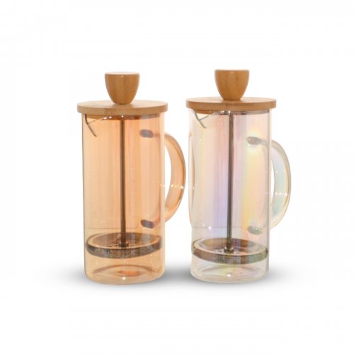Cafetera Con Tapa De Bamboo Colores Surtidos 350Ml 7,2X17Cm De Vidrio