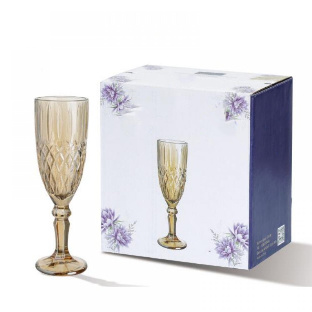 [2561643] Set X6 Copas De Champagne Doradas Con Rombos Y Óvalos 165Ml 6X19Cm De Vidrio