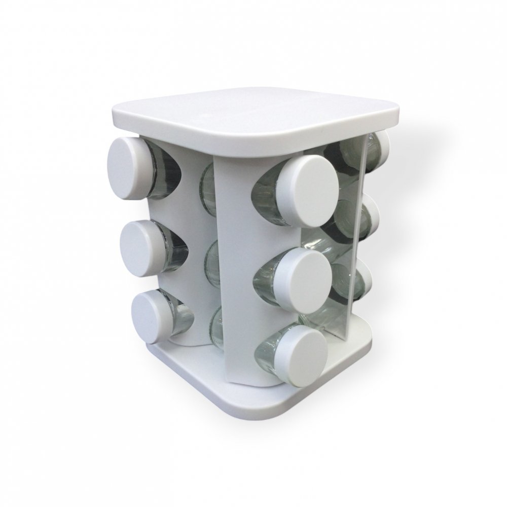 Especiero Cuadrado De Plástico Con Blanco Giratorio - 12 Frascos De Vidrio