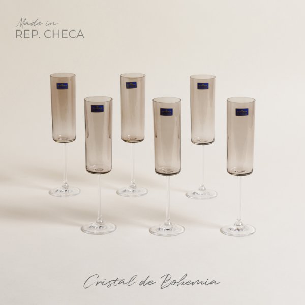 Set X 6 Copas De Champagne De Cristal Bohemia Anita Brown 160 Ml
