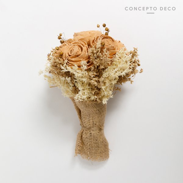 [165779] Flores Secas Bouquet Wood Rose Capuchino 27Cm
