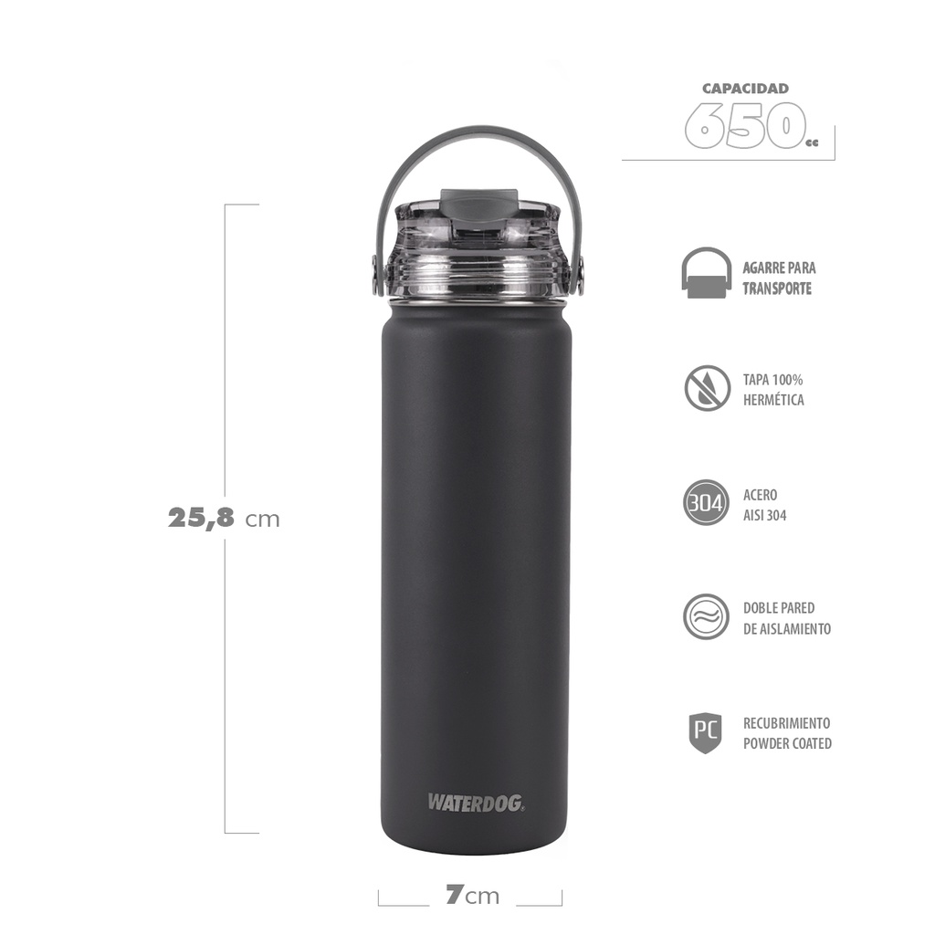 BOTELLA DEPORTIVA AKWA ACERO INOX 650 CC DARK GRAPHITE WATERDOG