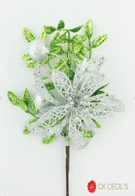 PICK POINSETTIA Y BERRY 30 CM. SILVER