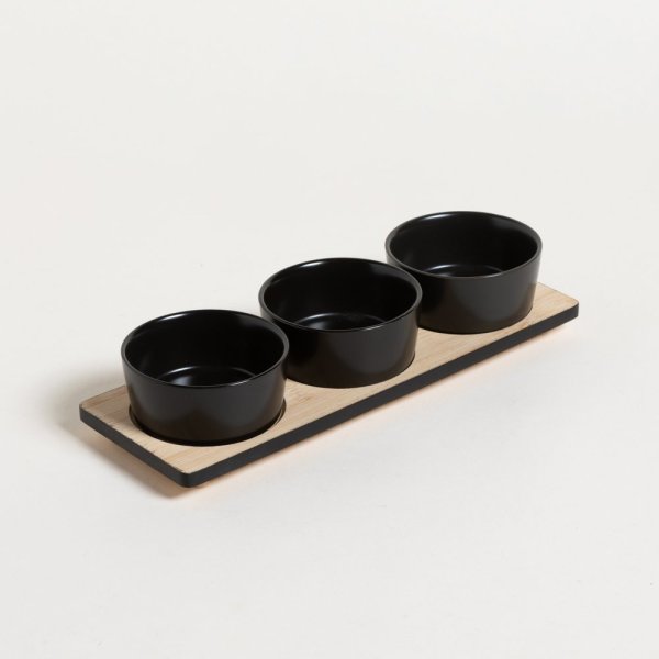 SET X 3 COPETINEROS DE PORCELANA BASE BAMBOO NEGRO 28,5X9,5 CM