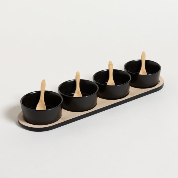 SET X 4 COPETINEROS DE PORCELANA BASE BAMBOO NEGRO 38X10 CM