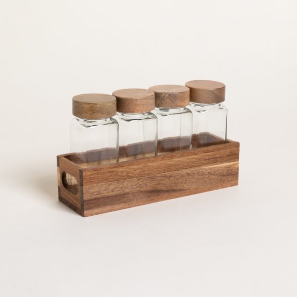 Set X 4 Especieros De Vidrio Con Madera De Acacia