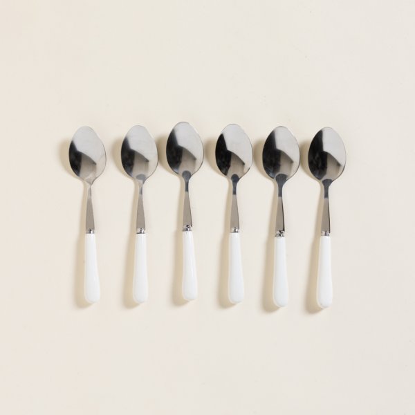 SET X 6 CUCHARAS DE ACERO CON MANGO DE CERAMICA BLANCO 14,5 CM
