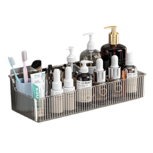 CANASTO ORGANIZADOR RECTANGULAR RAYADO AUTOADHESIVO 31X11,5X8,3CM FUMÉ DE PLÁSTICO