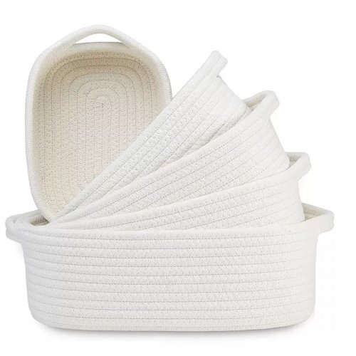 Set X5 Canastos Ovales Con Asa De Hilo De Polyester Y Algodón 36X24,5X10/34X23X9,5/31X21,5X8/28X19X7,5/25X17X7Cm Blanco