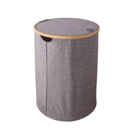 [2561725] Cesto De Ropa Redondo Gris Con Tapa Borde Bambú 38X50Cm Tela