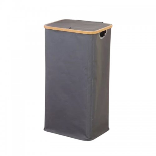Cesto De Ropa Rectangular Gris Con Tapa Borde Bambú 40X33X75Cm Tela