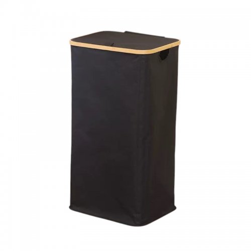 Cesto De Ropa Rectangular Negro Con Tapa Borde Bambú 40X33X75Cm Tela