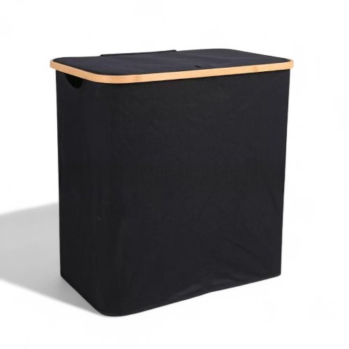 [2561720] Cesto De Ropa Doble Negro Con Tapa Borde Bamboo 54X33X58Cm Tela