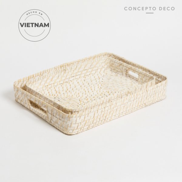 [1651051L] Bandeja Rattan Blanco Rectangular L 35 X 46 X 7Cm