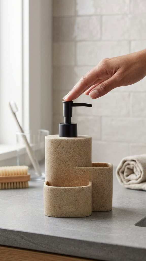 [256892] Dispenser Para Detergente Simil Piedra Beige Con Porta Esponja Y Porta Cepillo 12X9,5X18,7Cm De Resina