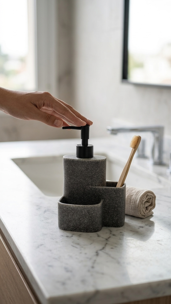 [256893] Dispenser para detergente simil piedra gris con porta esponja y porta cepillo 12x9,5x18,7cm de resina