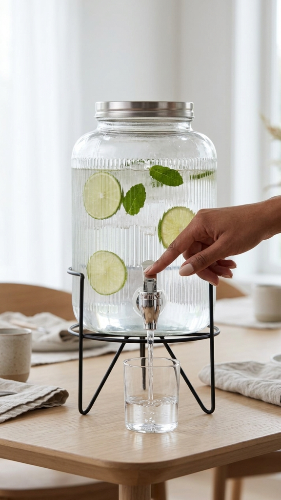 Dispenser De Bebida De Vidrio Rayado Vertical Con Soporte De Hierro Negro Y Tapa De Metal 3800Ml 10,7X15,8X25Cm