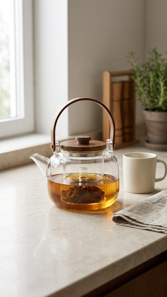 [256915] Tetera de vidrio rayada con tapa y mango de madera 1200ml 13x19cm