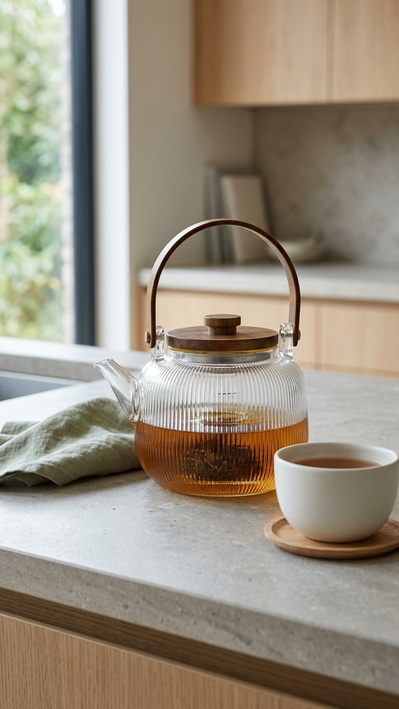 [256916] Tetera de vidrio lisa con tapa y mango de madera 1200ml 13x19cm