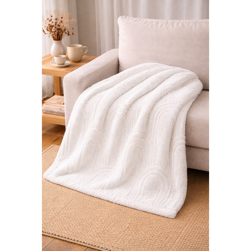 Manta Polar 200 X 230 Cm Con Arcos Griegos Blanca