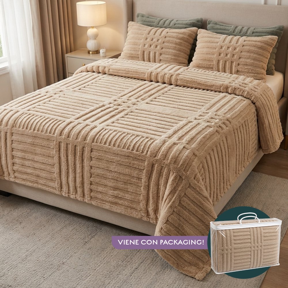[380584] Manta Polar 200 X 230 Cm Con Lineas Cruzadas Beige