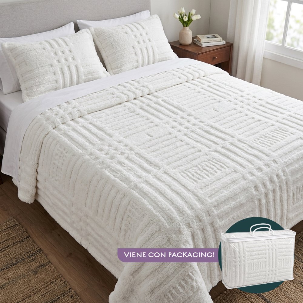 [380585] Manta Polar 200 X 230 Cm Con Lineas Cruzadas Blanca
