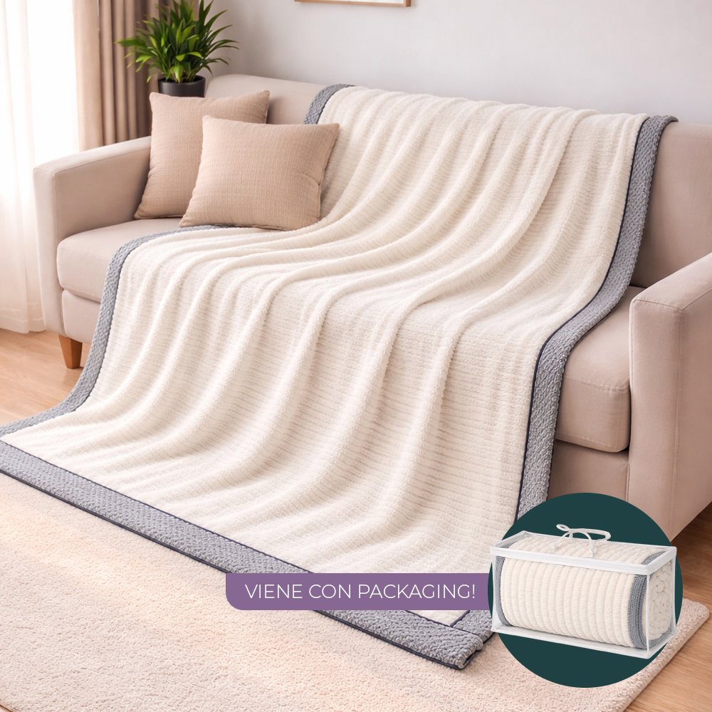 [380601] Manta 200 X 230 Cm Blanca Con Ribetes Intercalados Y Borde Gris