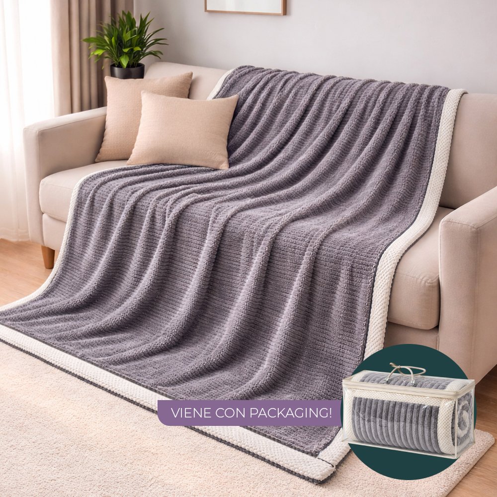 [380602] Manta 200 X 230 Cm Gris Con Ribetes Intercalados Y Borde Gris Claro