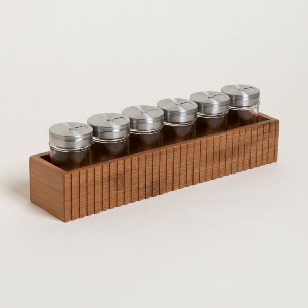 [411524] Set X 6 Especieros De Vidrio Con Base De Madera De Bamboo 31X7 Cm