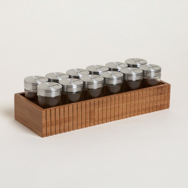 [411521] Set X 12 Especieros De Vidrio Con Base De Madera De Bamboo 11,5X31,5 Cm
