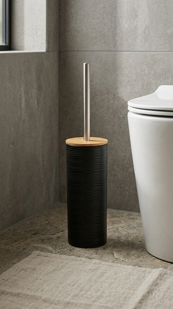 Cepillo De Baño Rayado De Plástico Negro Con Tapa De Bambú 24,5X9Cm