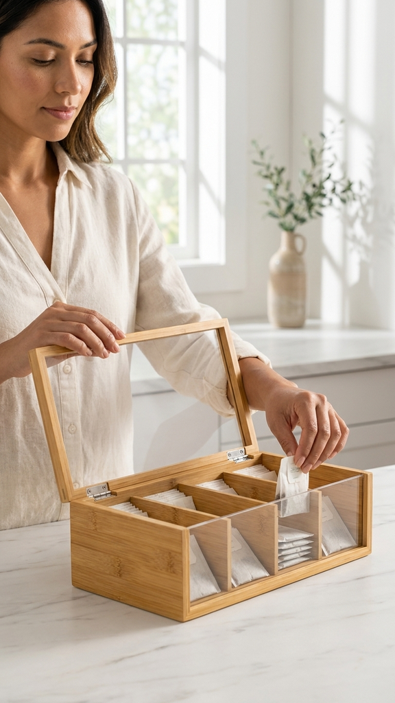 [256790] Caja De Té De Bamboo 3 Divisiones Con Visor Frontal De Acrílico 21X11X8,5Cm