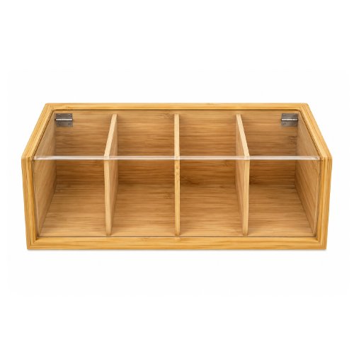 [256791] Caja De Té De Bamboo 4 Divisiones Con Visor Frontal De Acrílico 28X11X8,5Cm