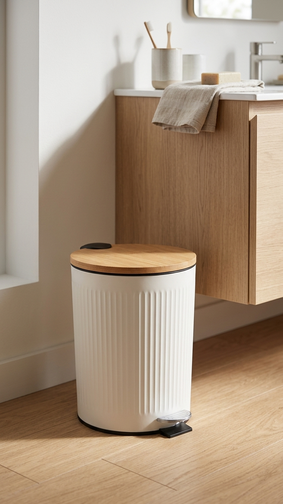 [256824] Cesto Metálico Con Acabado Blanco Y Textura Vertical. Tapa Slim De Bambú Y Pedal De Acero Inoxidable. 3L 17×17×22,5Cm