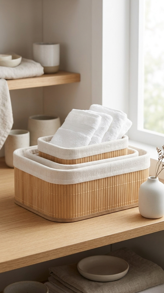 [256741] Set x 3 canastos rectangulares natural y blanco de bamboo y tela 30x20x12cm / 28x18x10cm / 25x14x8cm