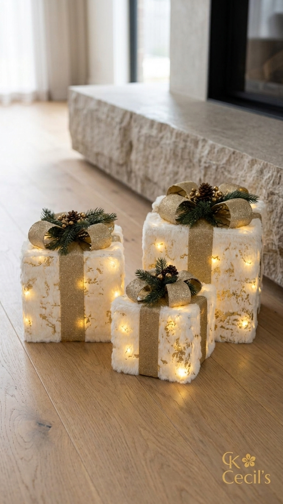 [277118] Set x 3 Cajas de Regalo LED (15/20/25 cm) – Dorado
